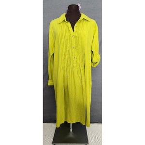 Eucalyptus Guatemala Hand Made Cotton Chartruese Roll Tab Sleeve Tunic Dress S‎